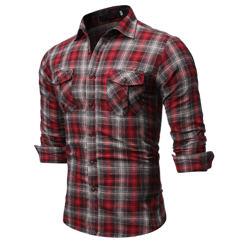 Men's Plaid Lapel Collar Shirt - Long Sleeve Dual Pocket Casual Shirt