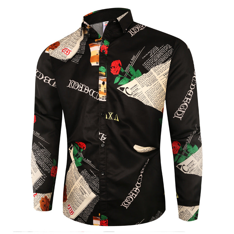 Men's Rose Print Shirt - Long Sleeve Fashion Casual Shirt