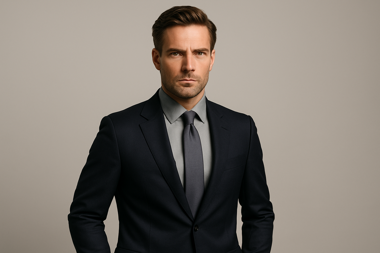 Professional model wearing grey dress shirt with suit jacket