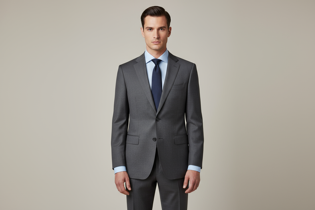 Business professional in light blue long sleeve dress shirt with suit