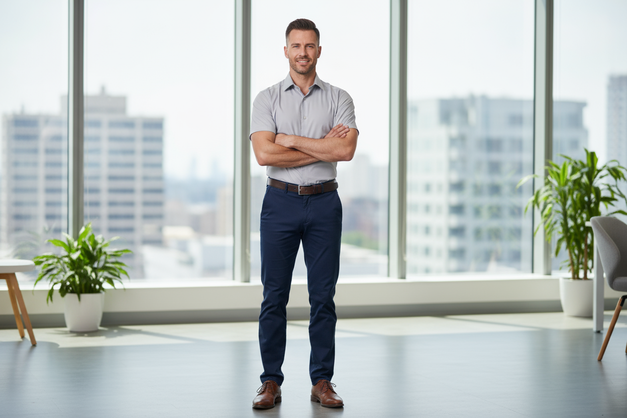Business professional wearing grey short sleeve dress shirt