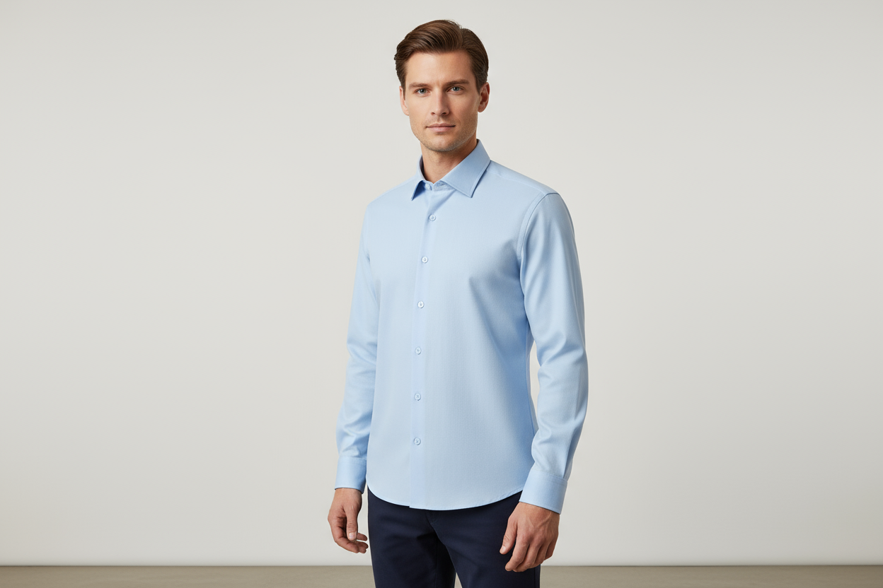 Business professional in light blue long sleeve dress shirt