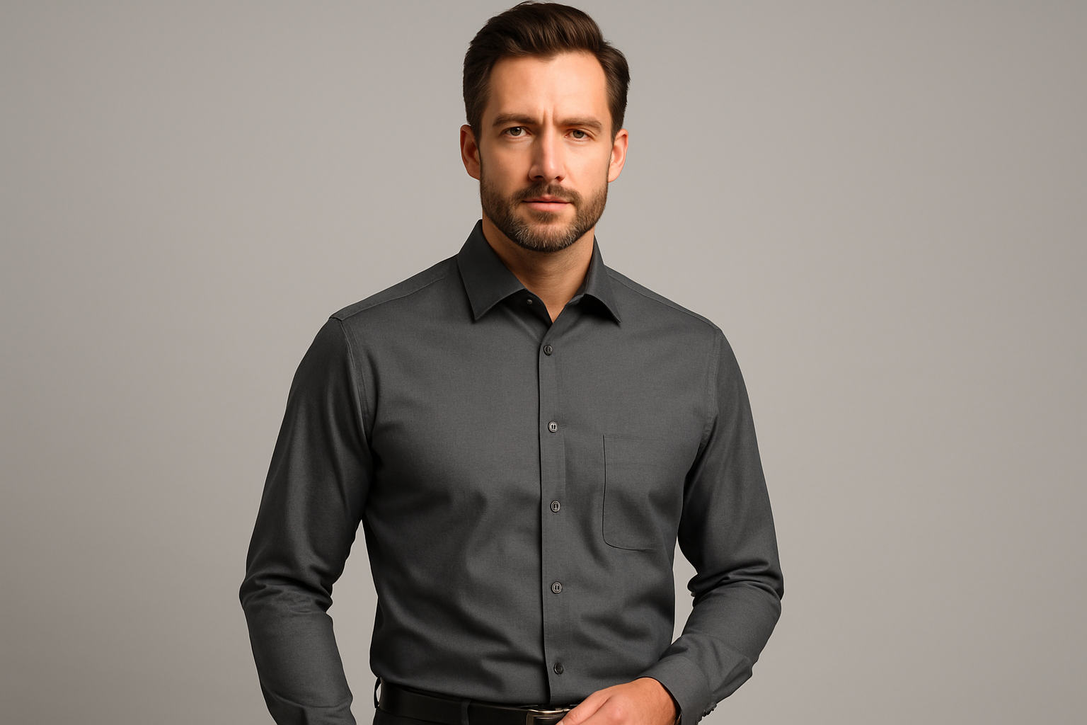 Business professional in grey long sleeve dress shirt