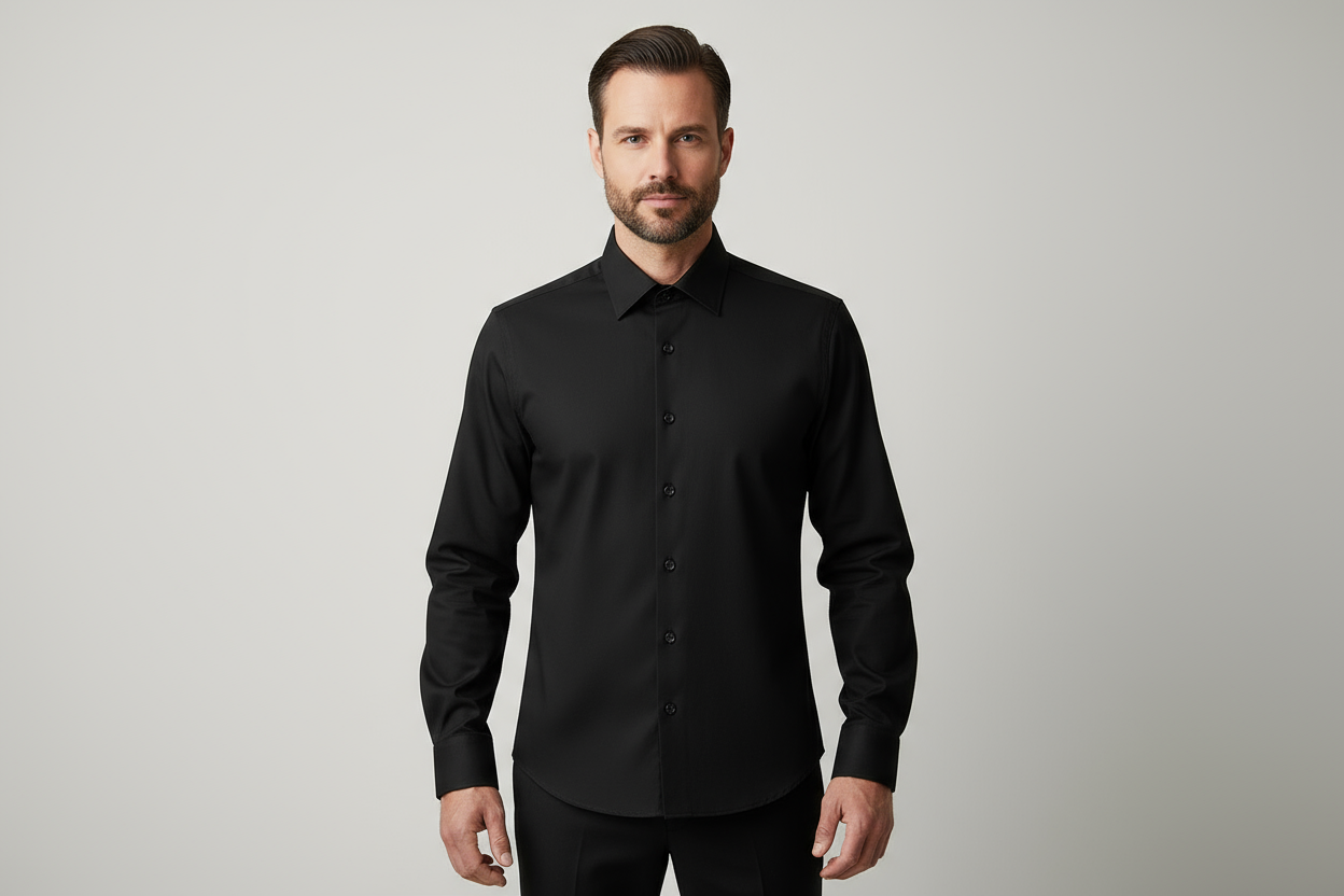Side view of black long sleeve business shirt