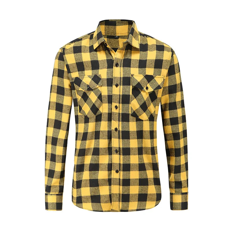 Men's Long Sleeve Plaid Shirt - Double Pocket Casual Button-Up Cardigan