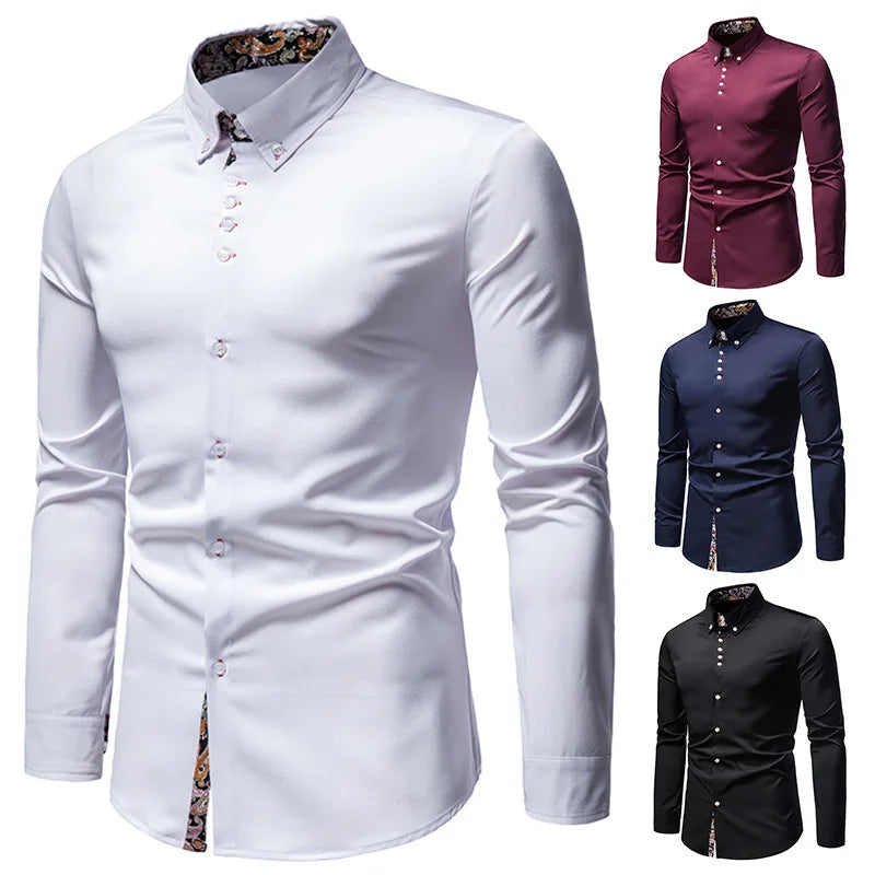 Men's Court Style Formal Shirt - Floral Patchwork Long Sleeve Lapel Casual Shirt