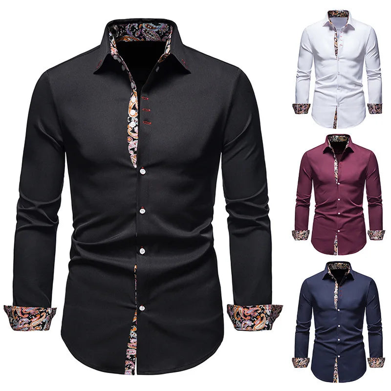 Men's Court Style Formal Shirt - Floral Patchwork Long Sleeve Lapel Casual Shirt
