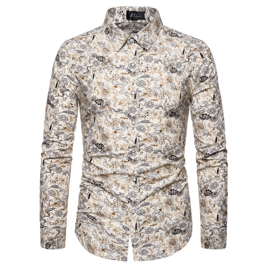 Men's Floral Print Shirt - Long Sleeve Korean Style Plus Size