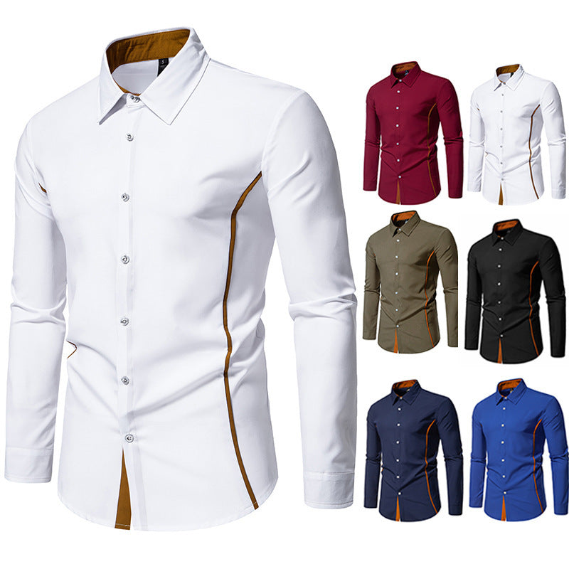 Men's Color Block Triangle Collar Shirt - Long Sleeve Casual Fashion