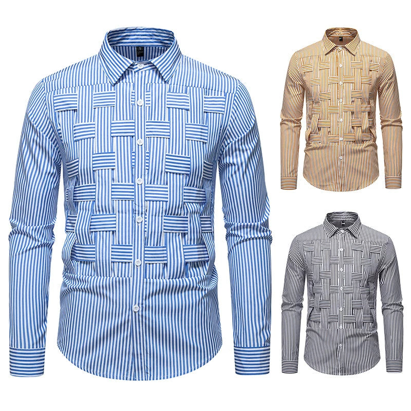 Men's Striped Woven Plaid Shirt - Long Sleeve Casual Designer Style
