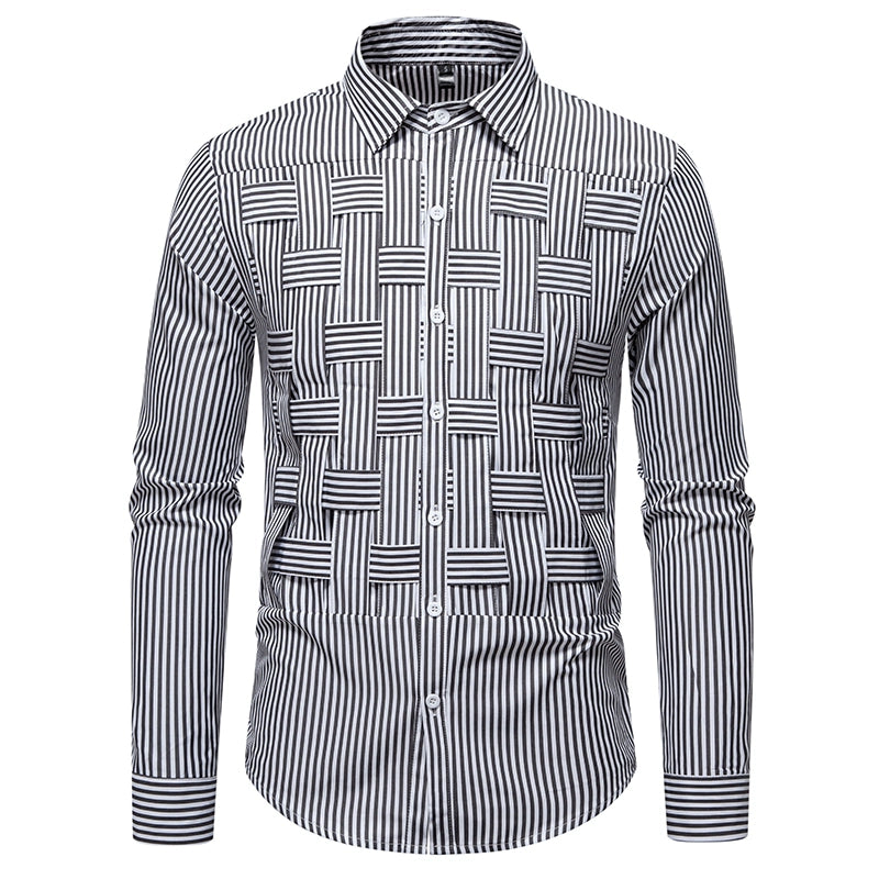 Men's Striped Woven Plaid Shirt - Long Sleeve Casual Designer Style
