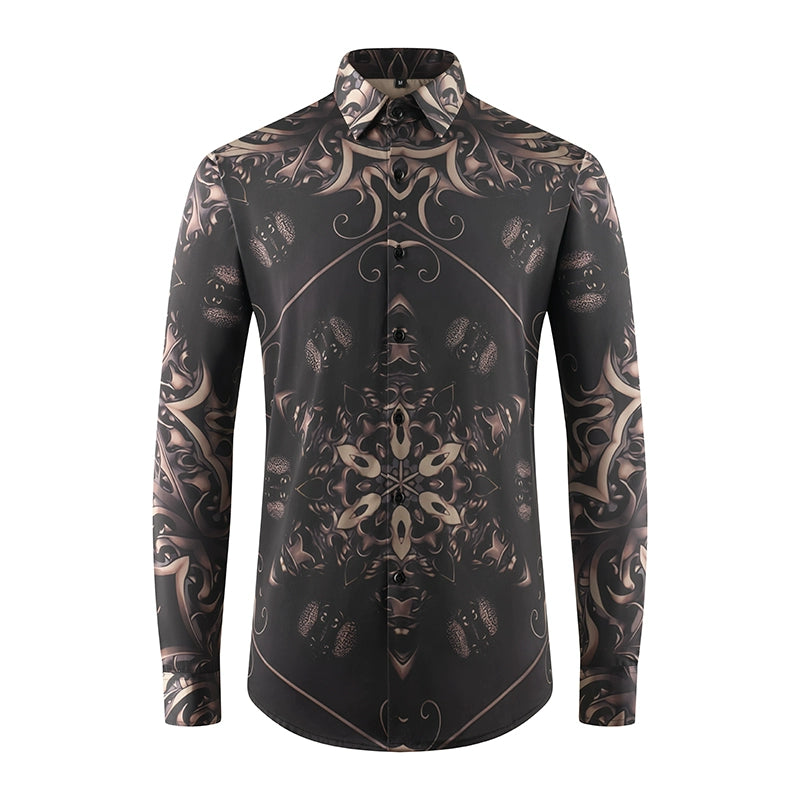 Men's Print Stretch Shirt - Iron-Free Long Sleeve Lapel Collar Coffee