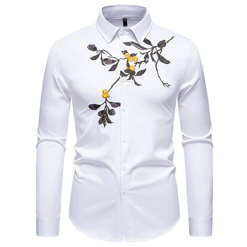 Men's Floral Embroidered Shirt - Long Sleeve Business Casual
