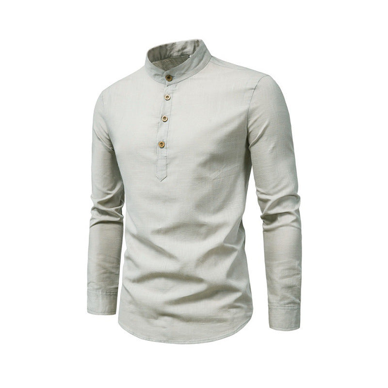 Men's Solid Color Mandarin Collar Shirt - Long Sleeve Slim Fit Business