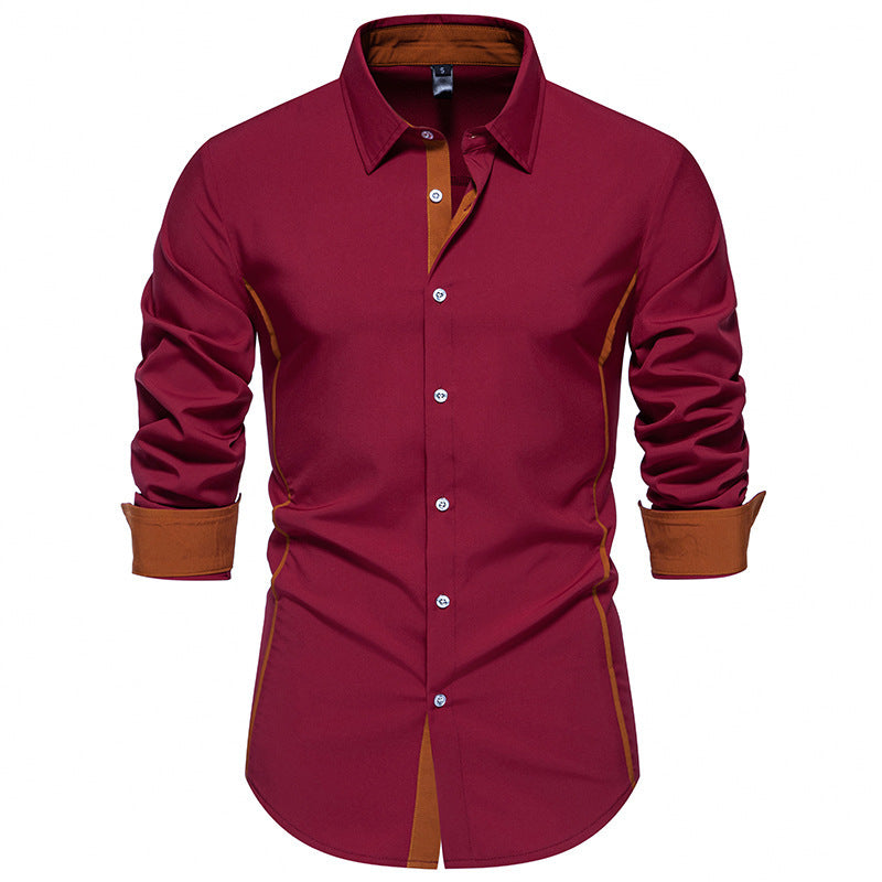 Men's Color Block Triangle Collar Shirt - Long Sleeve Casual Fashion