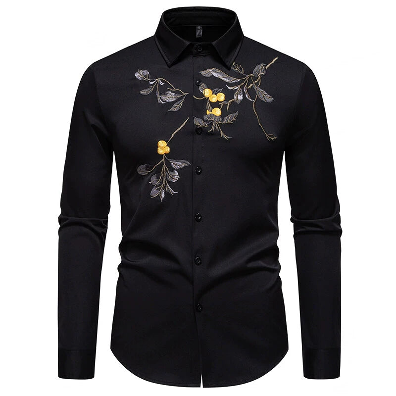 Men's Floral Embroidered Shirt - Long Sleeve Business Casual