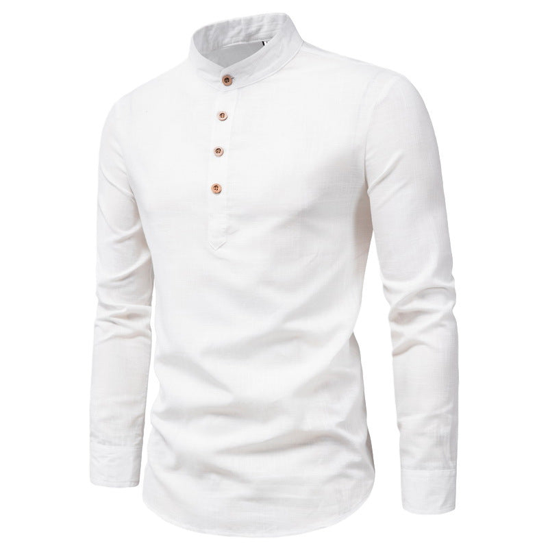 Men's Solid Color Mandarin Collar Shirt - Long Sleeve Slim Fit Business