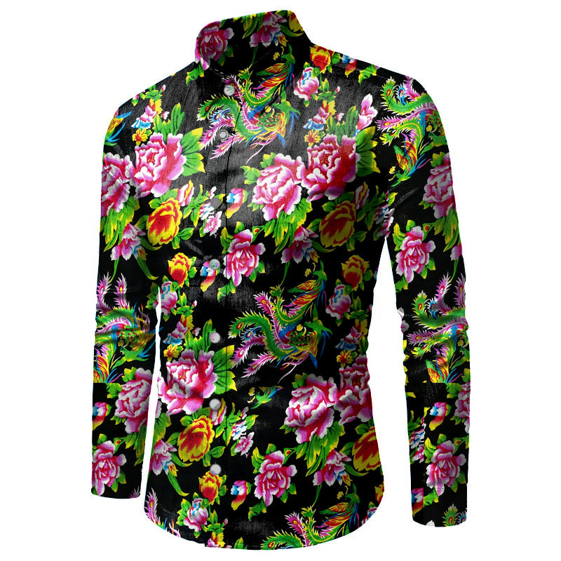 Men's Bold Floral Print Shirt - Long Sleeve Casual Multicolor