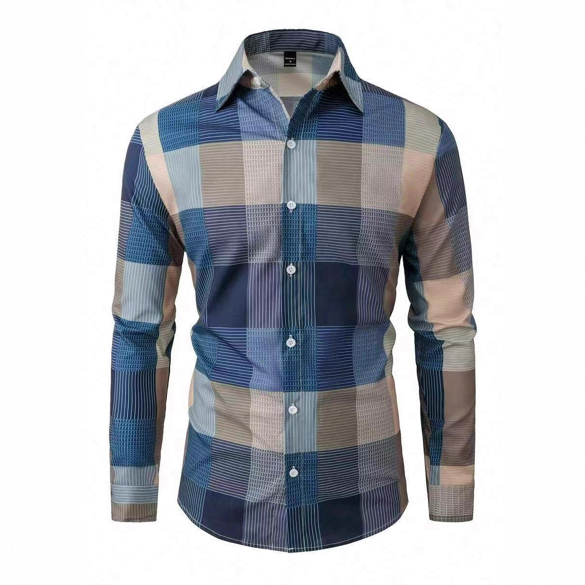 Men's Plaid Digital Print Shirt - Casual Long Sleeve Button-Up