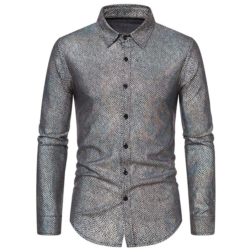 Men's Snakeskin Print Metallic Shirt - Long Sleeve Stage Performance Shirt