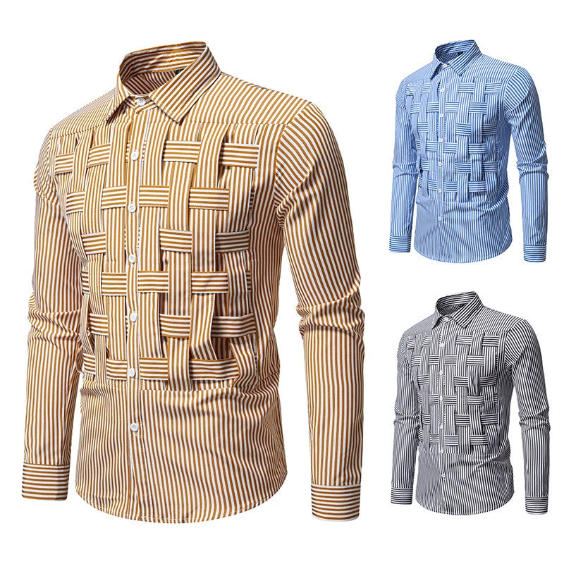 Men's Striped Woven Plaid Shirt - Long Sleeve Casual Designer Style