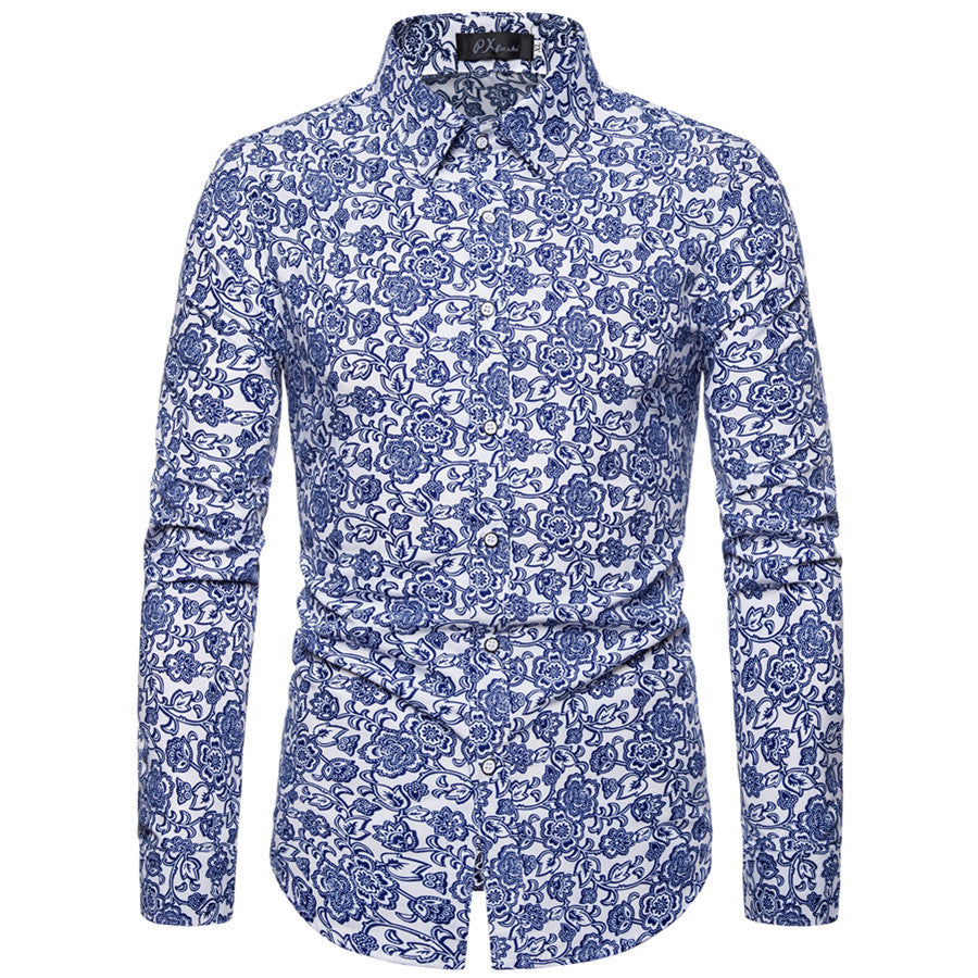 Men's Floral Print Shirt - Long Sleeve Korean Style Plus Size
