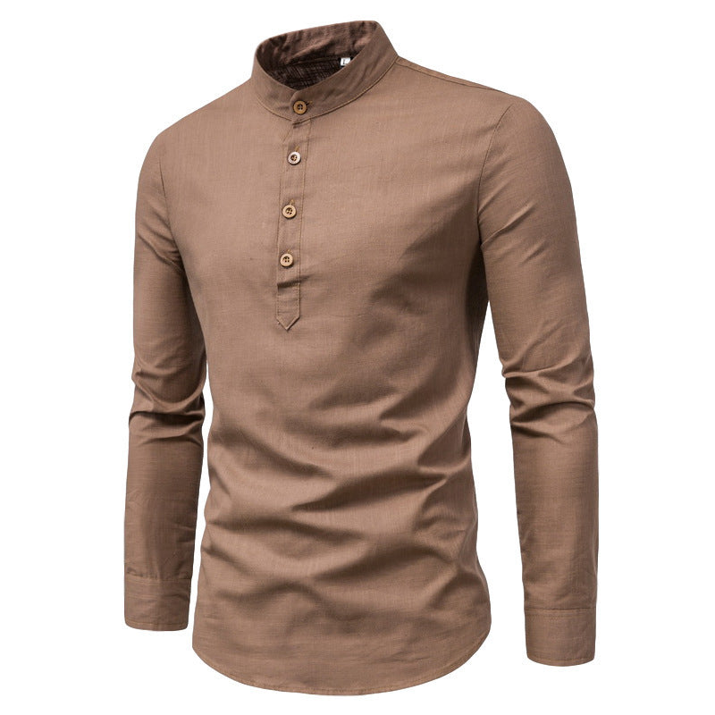 Men's Solid Color Mandarin Collar Shirt - Long Sleeve Slim Fit Business