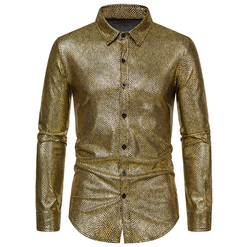 Men's Snakeskin Print Metallic Shirt - Long Sleeve Stage Performance Shirt