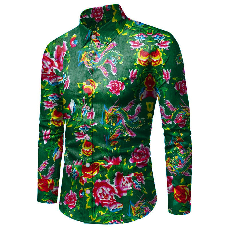 Men's Bold Floral Print Shirt - Long Sleeve Casual Multicolor
