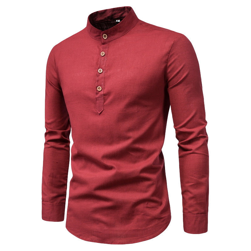 Men's Solid Color Mandarin Collar Shirt - Long Sleeve Slim Fit Business