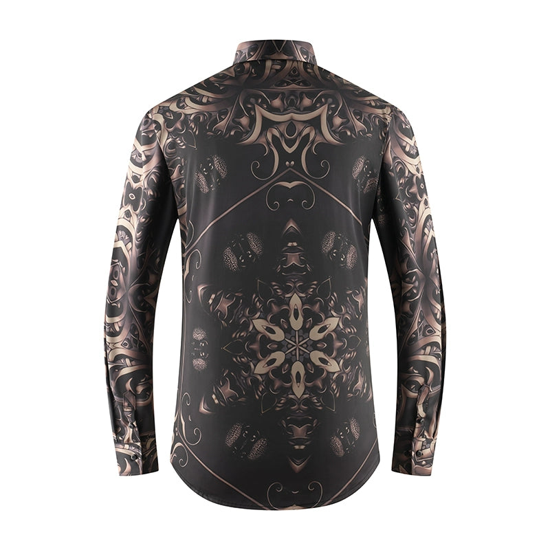 Men's Print Stretch Shirt - Iron-Free Long Sleeve Lapel Collar Coffee
