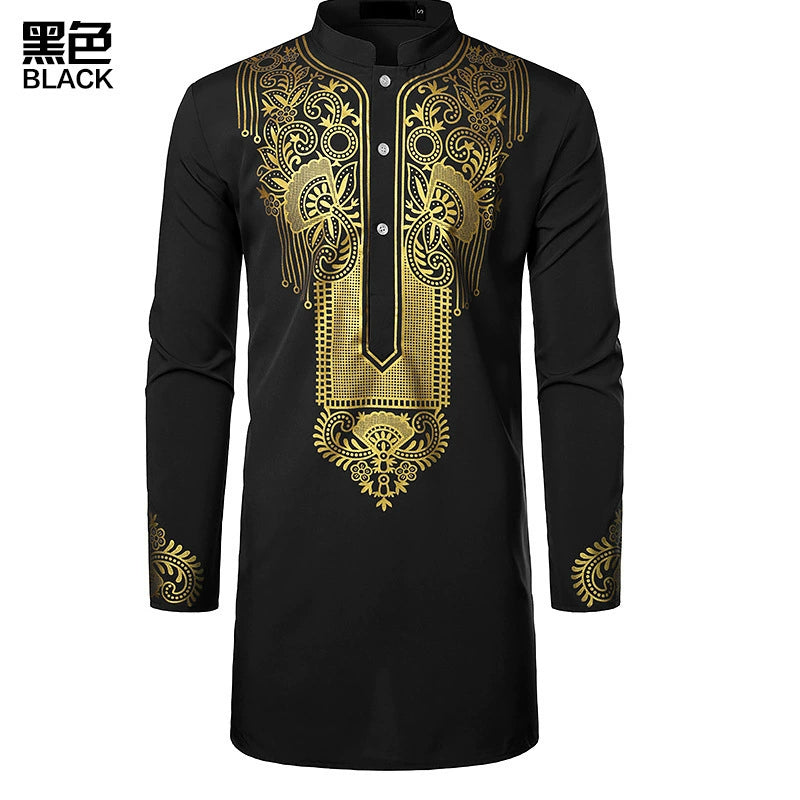 Men's African Totem Print Shirt - Long Sleeve Ethnic Pattern by Global Dress Shirts