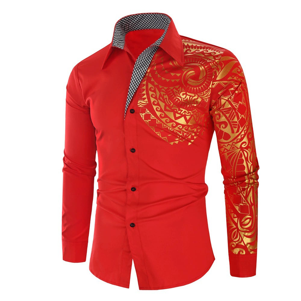 Men's Totem Print Metallic Shirt - Long Sleeve Gold Foil Pattern by Global Dress Shirts