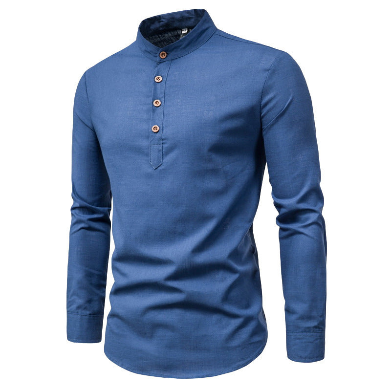 Men's Solid Color Mandarin Collar Shirt - Long Sleeve Slim Fit Business
