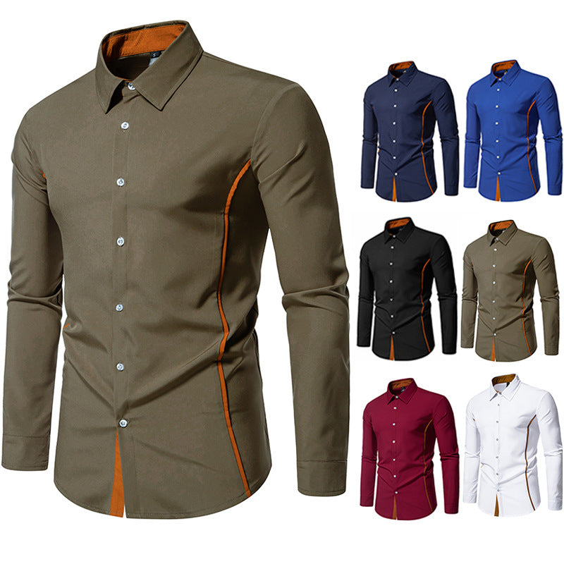 Men's Color Block Triangle Collar Shirt - Long Sleeve Casual Fashion