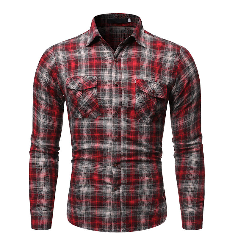 Men's Plaid Lapel Collar Shirt - Long Sleeve Dual Pocket Casual Shirt