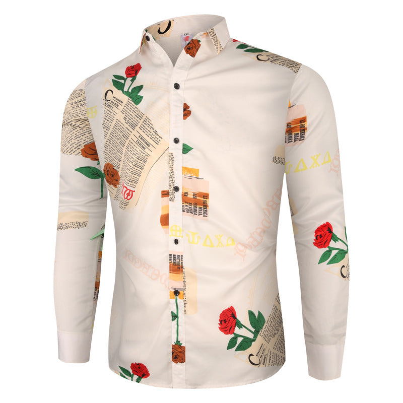 Men's Rose Print Shirt - Long Sleeve Fashion Casual Shirt