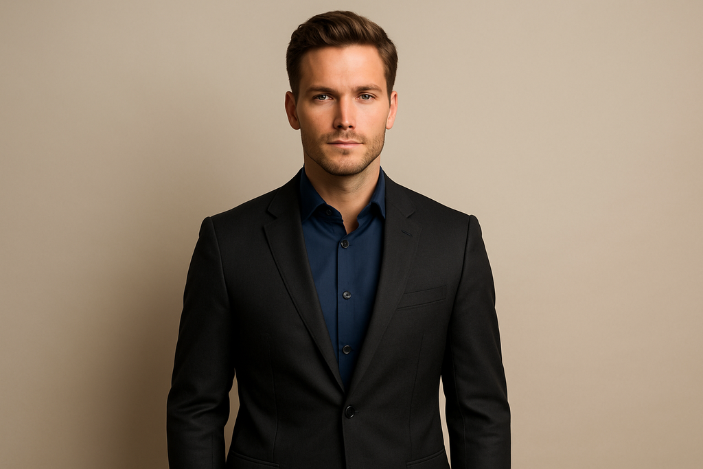 Professional model wearing navy blue dress shirt with suit jacket