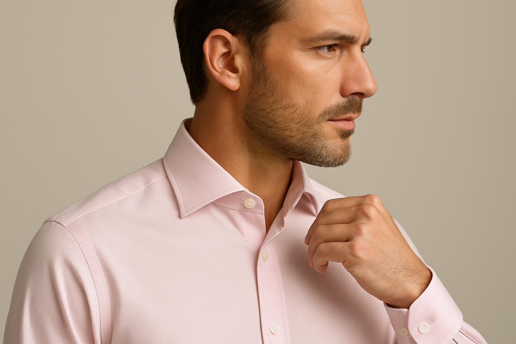 Side view of light pink long sleeve business shirt on model