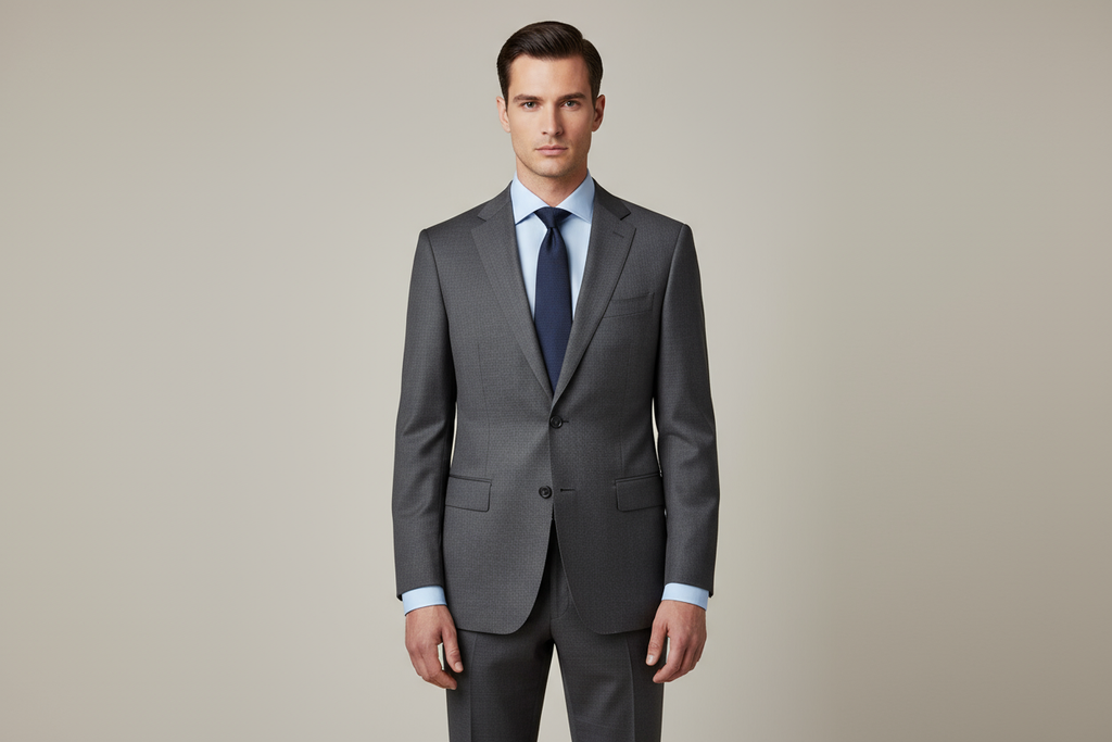 Business professional in light blue long sleeve dress shirt with suit