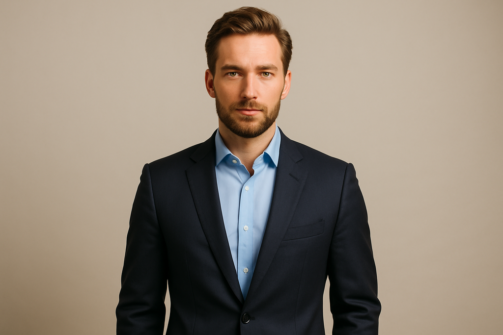 Professional model wearing light blue dress shirt with suit jacket