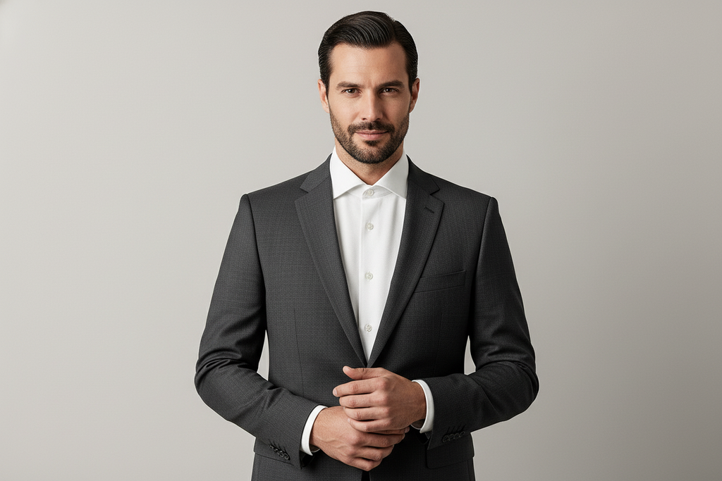 Professional model wearing white dress shirt with suit jacket