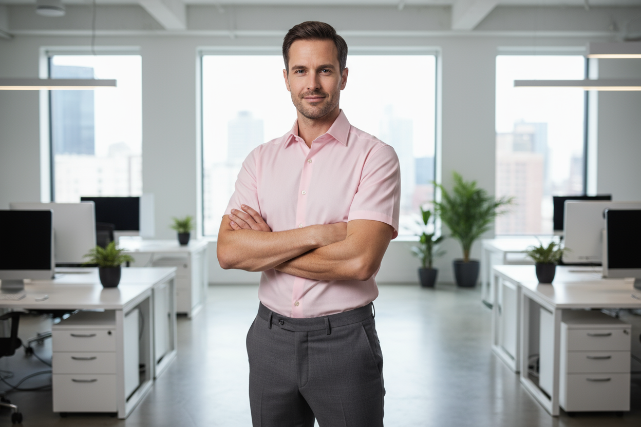 Business professional wearing pink short sleeve dress shirt