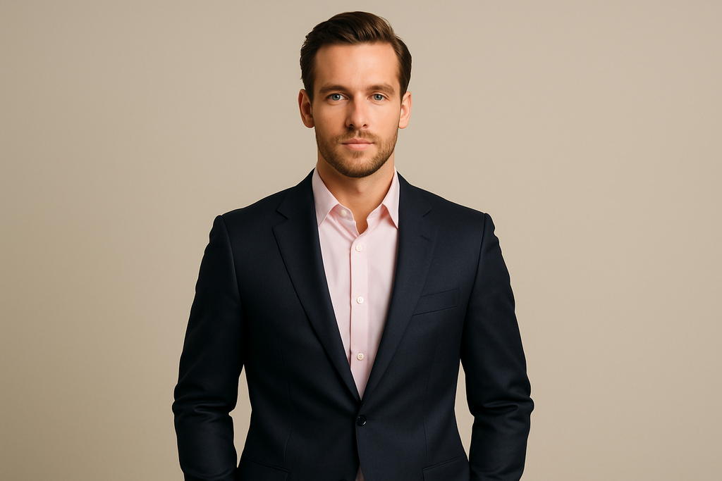 Professional model wearing light pink dress shirt with suit jacket