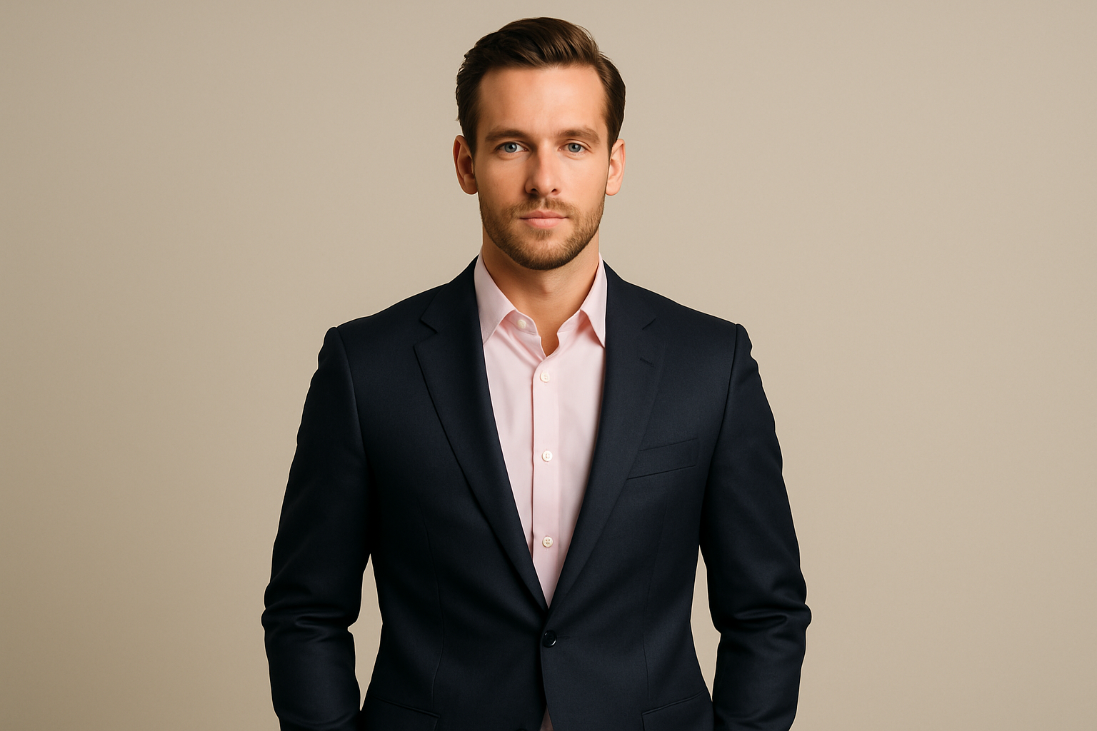 Professional model wearing light pink dress shirt with suit jacket
