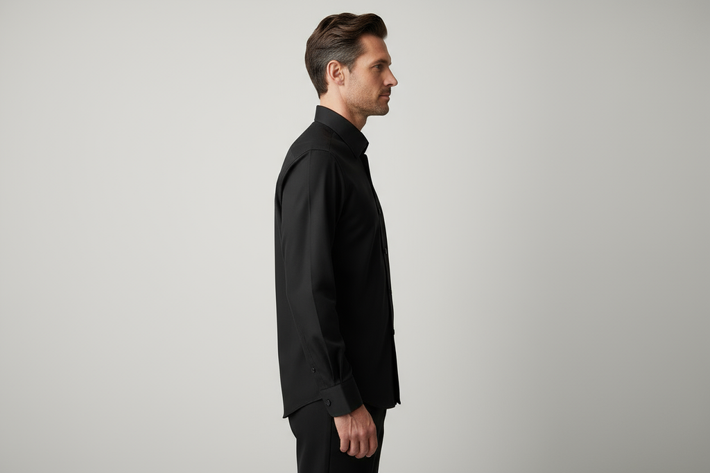 Black dress shirt collar detail - premium quality