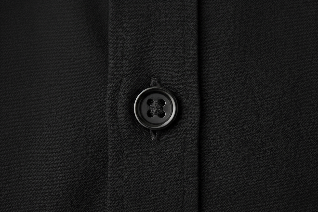 Black dress shirt button detail close-up