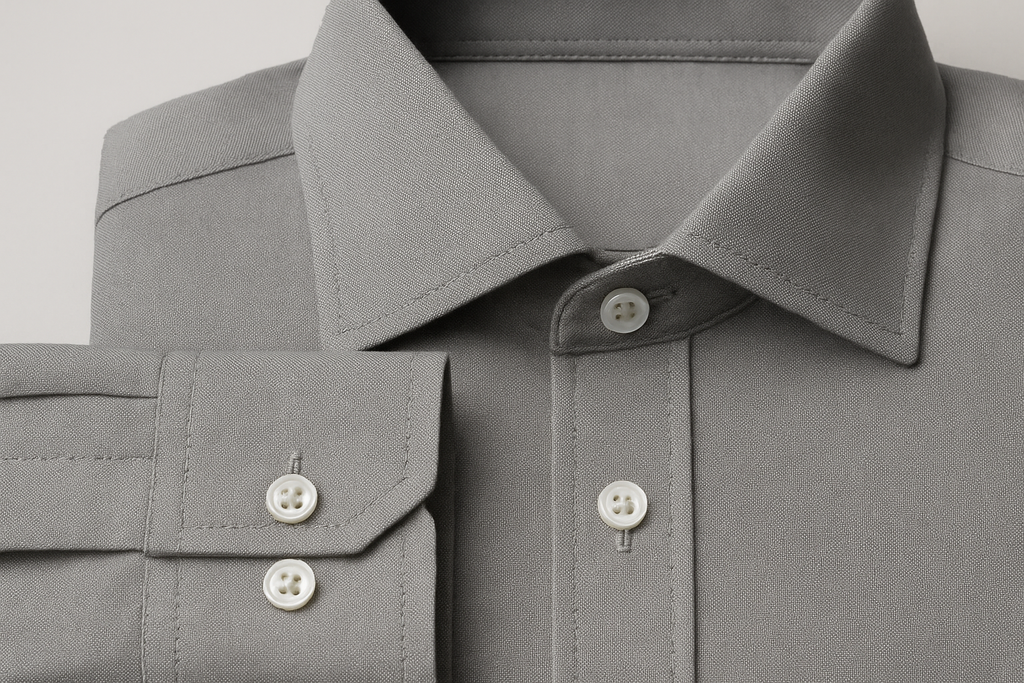 Grey dress shirt fabric detail - superior stitching quality