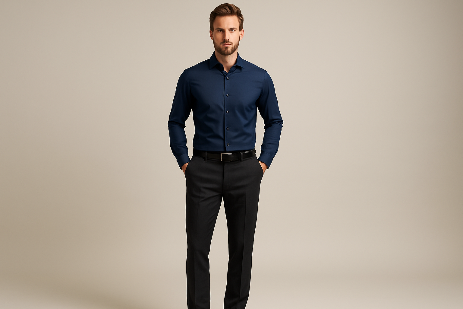 Navy blue dress shirt styled with formal trousers
