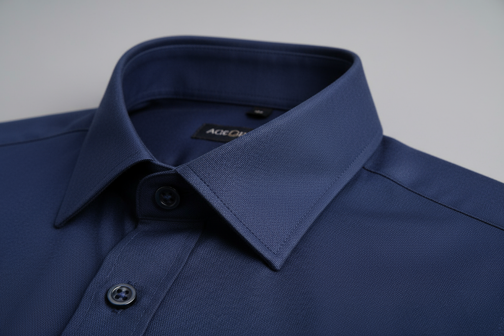 Navy blue short sleeve shirt collar detail - premium quality